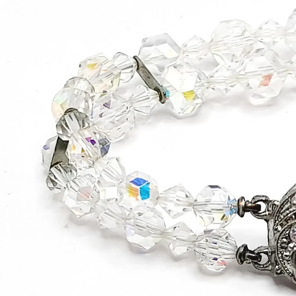 Vintage 1950s Wedding Bracelet, Aurora Borealis Crystal Beads, Rhinestone Clasp